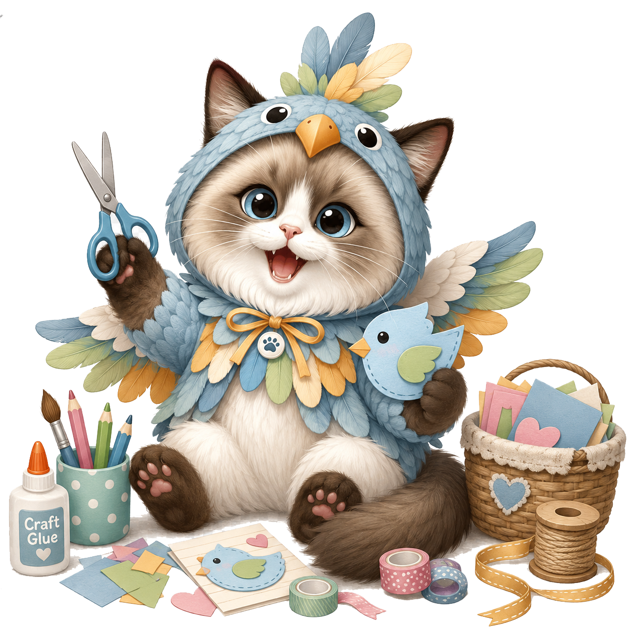 A little cat dressed as a bluebird, happily crafting — you don't need feathers to belong here